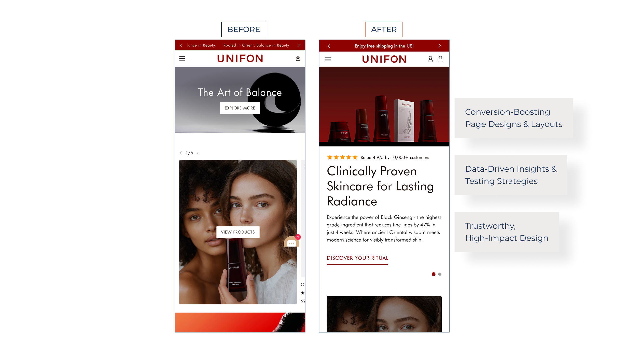 Unifon skincare storefront before and after the redesign