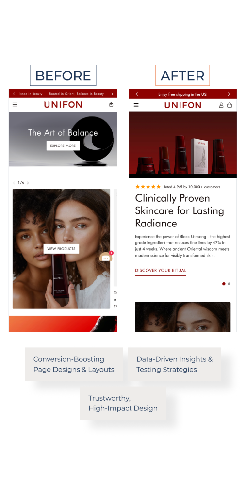 Unifon skincare storefront before and after the redesign