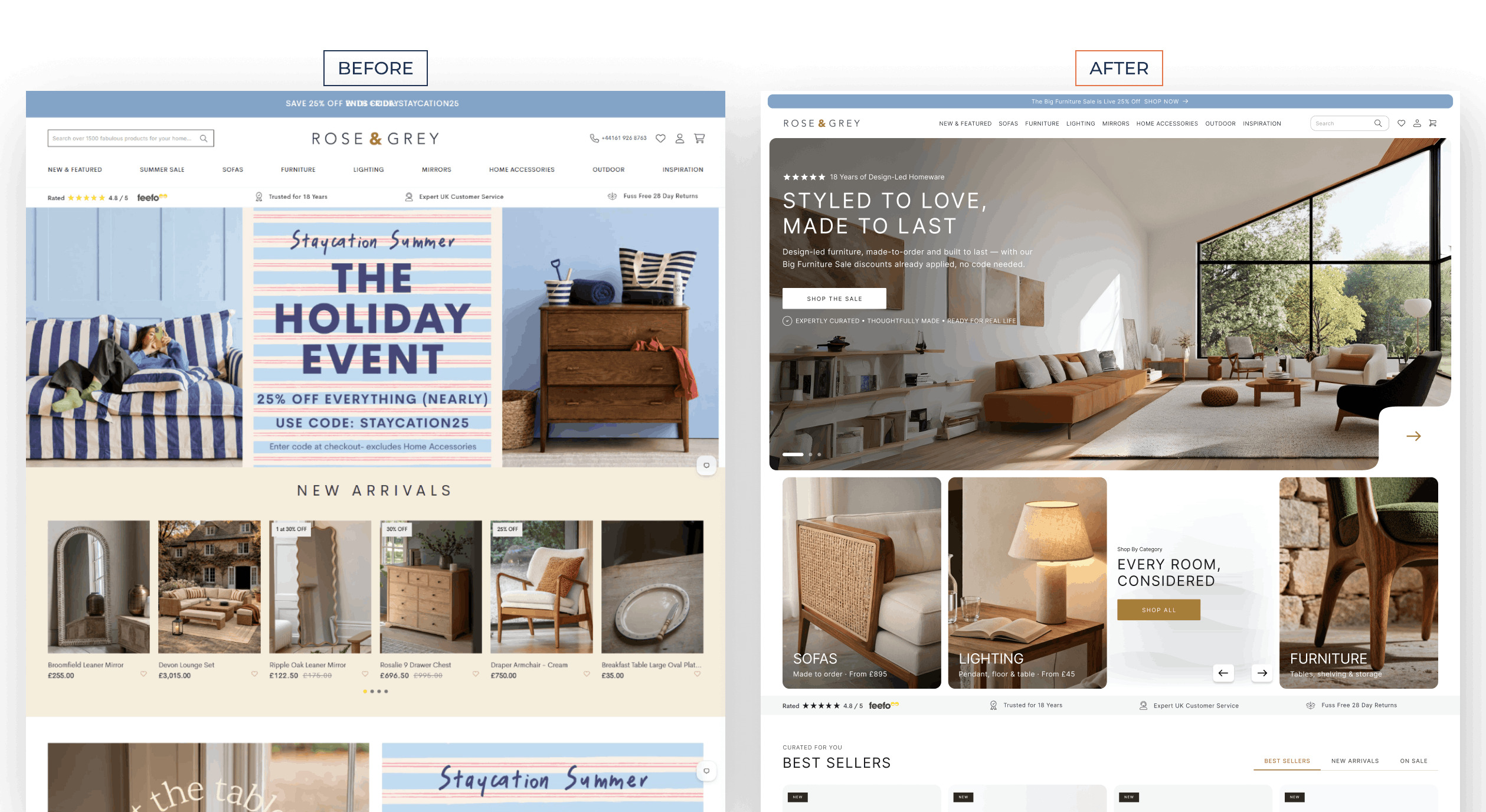 Rose & Grey homeware storefront before and after the redesign