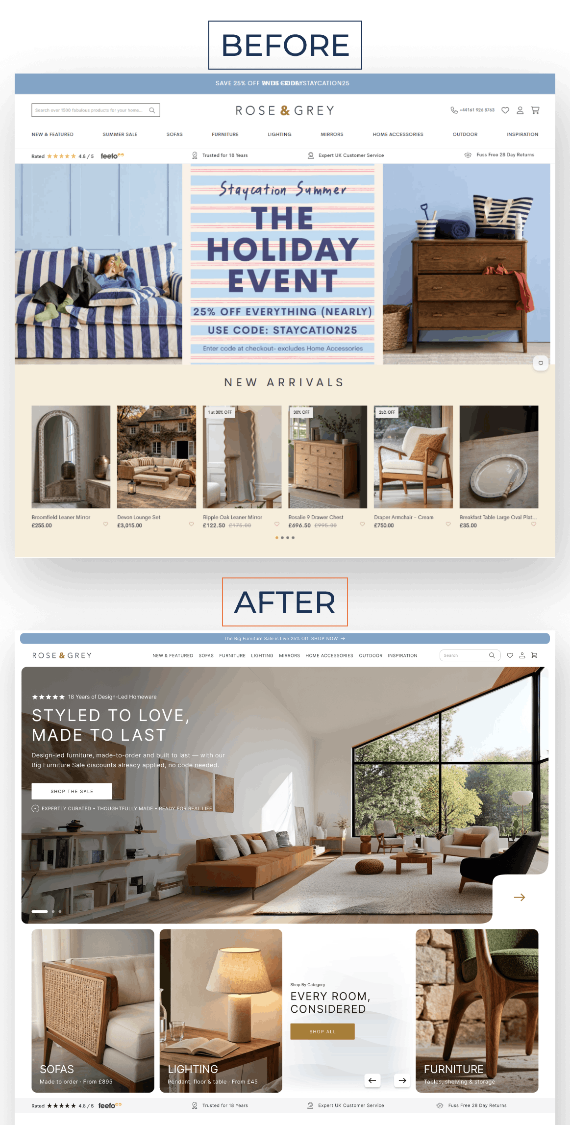 Rose & Grey homeware storefront before and after the redesign